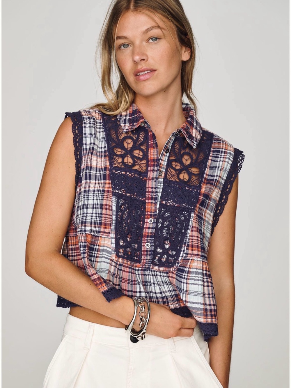 NWT Anthropologie Pilcro Purple Navy Inky Blue Plaid Crochet Lace Swing Top SZ S